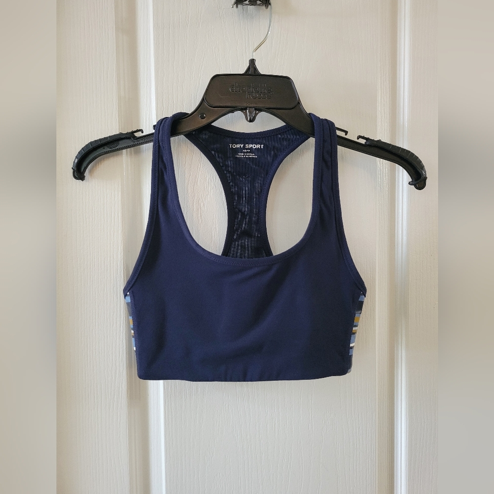Tory Burch Spectrum Side Stripe Mesh Back Racerback Sports Bra Navy Size XS